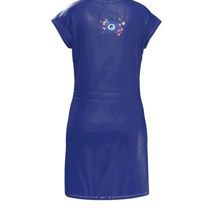Blue dress with a decorative evil eye on the back on a white background