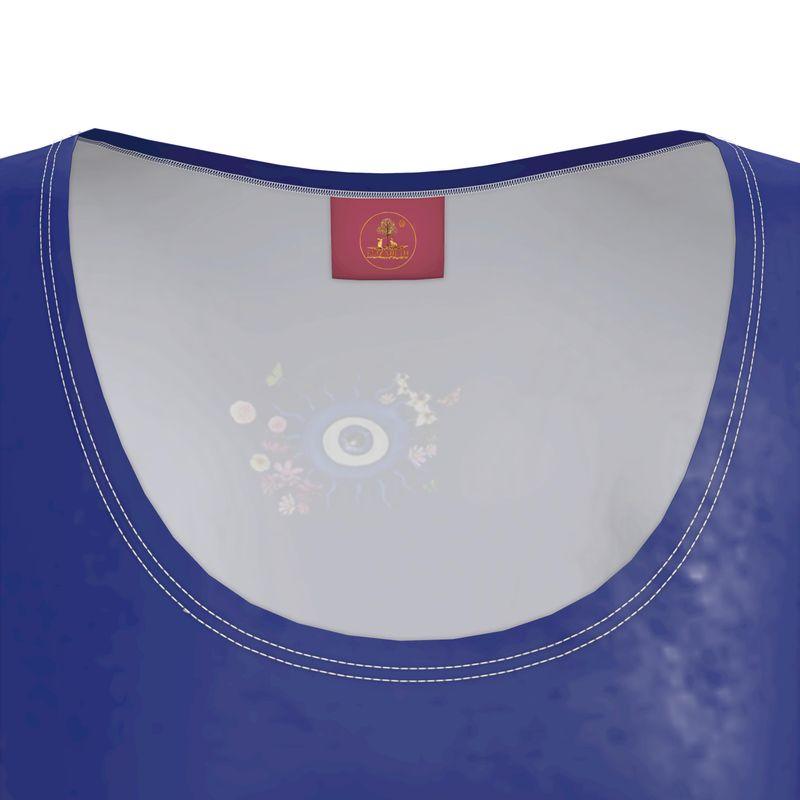 Blue tank top with a brand label on a white background