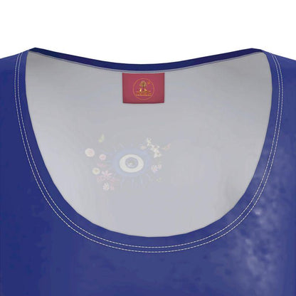 Blue tank top with a brand label on a white background