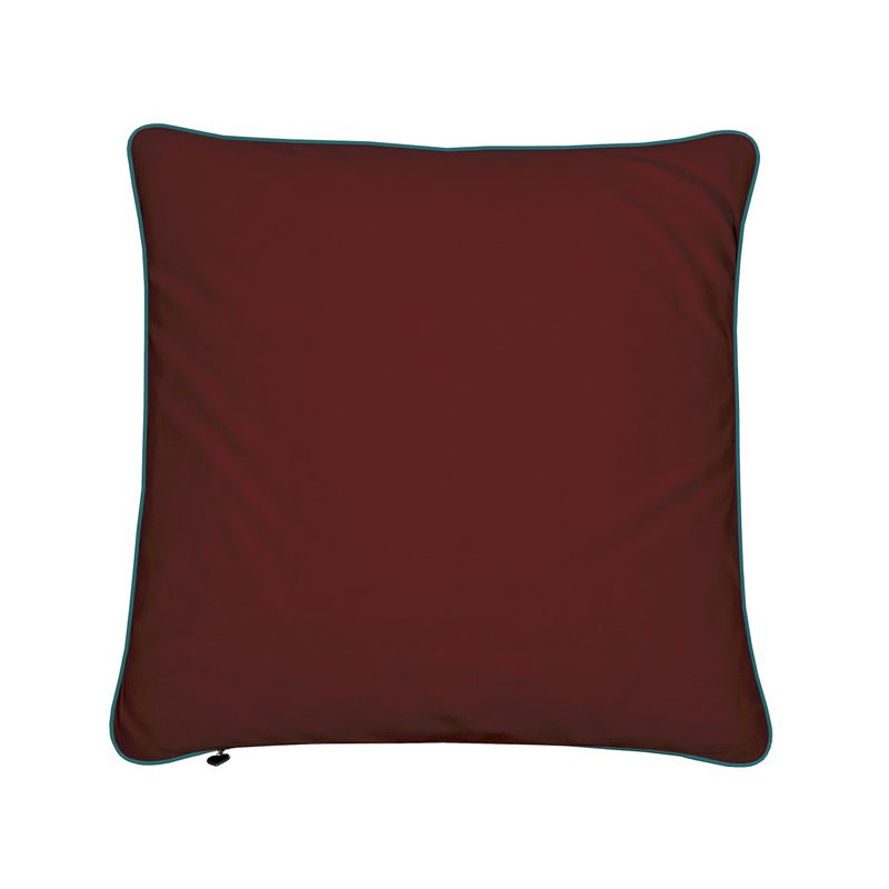 Brown pillow with a turquoise border on a white background