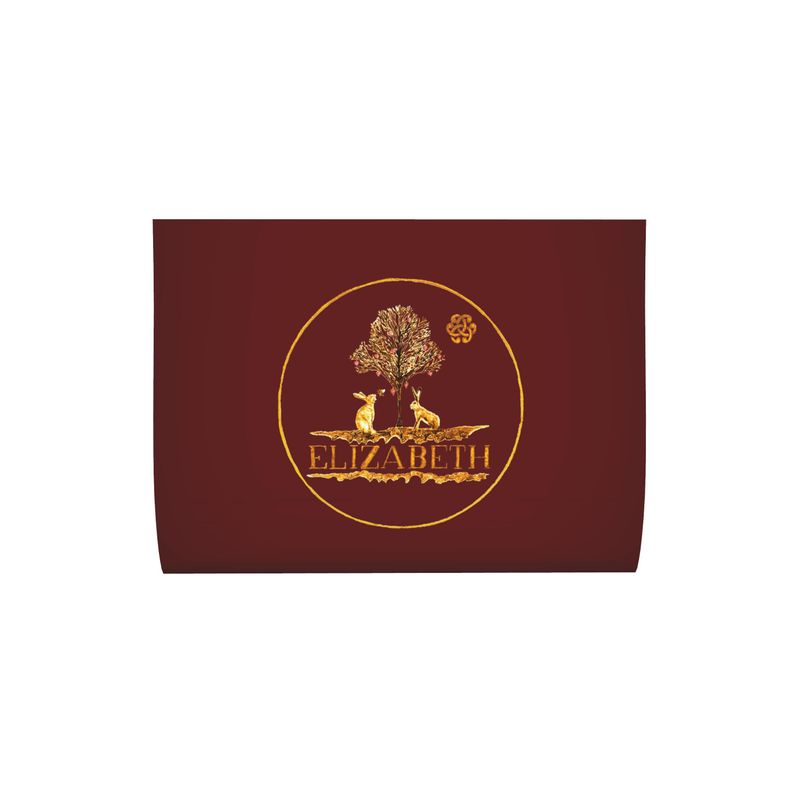 Maroon logo label with gold yellow print design featuring two hares under a tree, with 'Elizabeth' written below logo for Elizabeth's Boutique artist Elizabeth Shewan