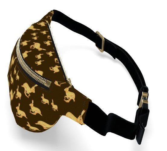 Fanny pack with gold horse pattern on brown background