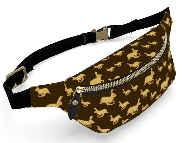Fanny pack with gold dog pattern on brown background