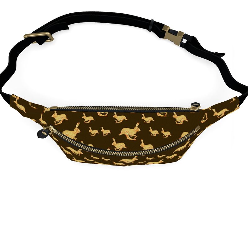 Brown fanny pack with gold animal pattern on a white background