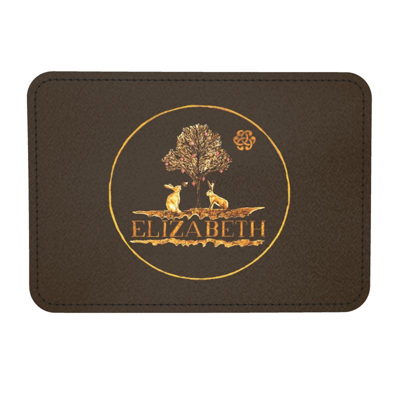 Brown card with gold embossed design and 'ELIZABETH' text on a white background