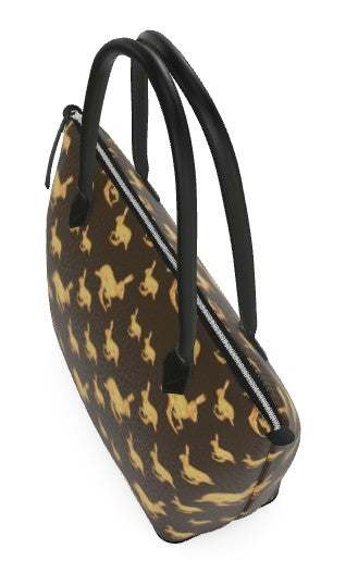 Handbag with gold rabbit pattern on brown background
