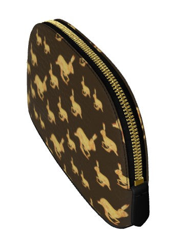 Cosmetic bag with gold rabbit pattern on brown background