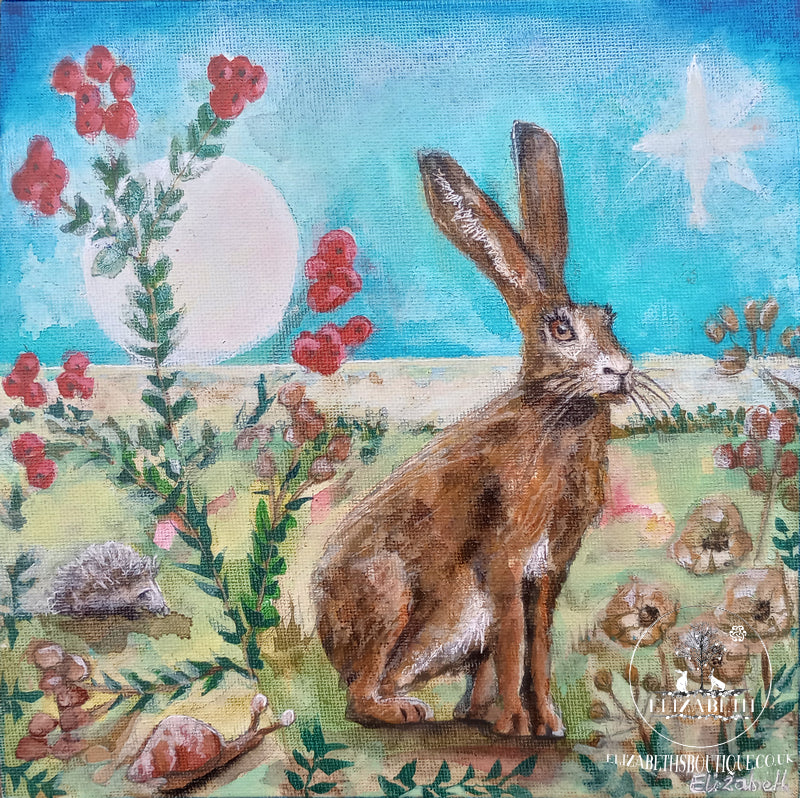 Painting of a rabbit in a garden with flowers and a moon in the background