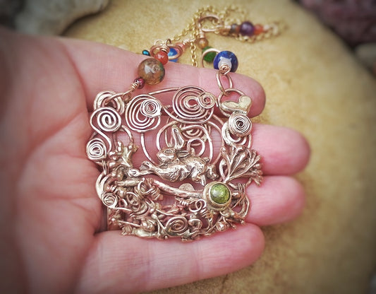 Spiral Leaping Hare Energy Nature Peridot Necklace