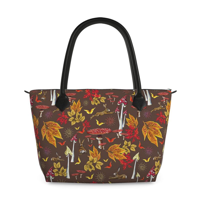 handbag handmade to order tote bag with leather straps with autumn leaf butterfly and hare rabbit mushroom pattern on a white background