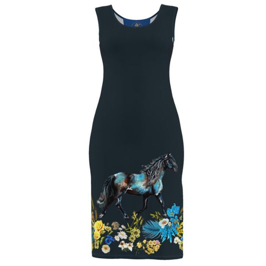 Deep blue summer cotton dress with horse and floral design on a white background by Horse Messenger Elizabeth Shewan artist 2026