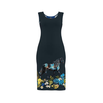 Dark blue dress with horse and floral design on a white background Horse Messenger Elizabeth Shewan artist 2026