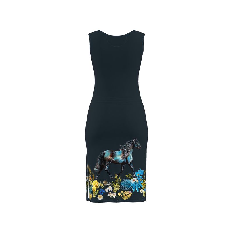 Dark blue dress with horse and floral design on a white background Horse Messenger Elizabeth Shewan artist