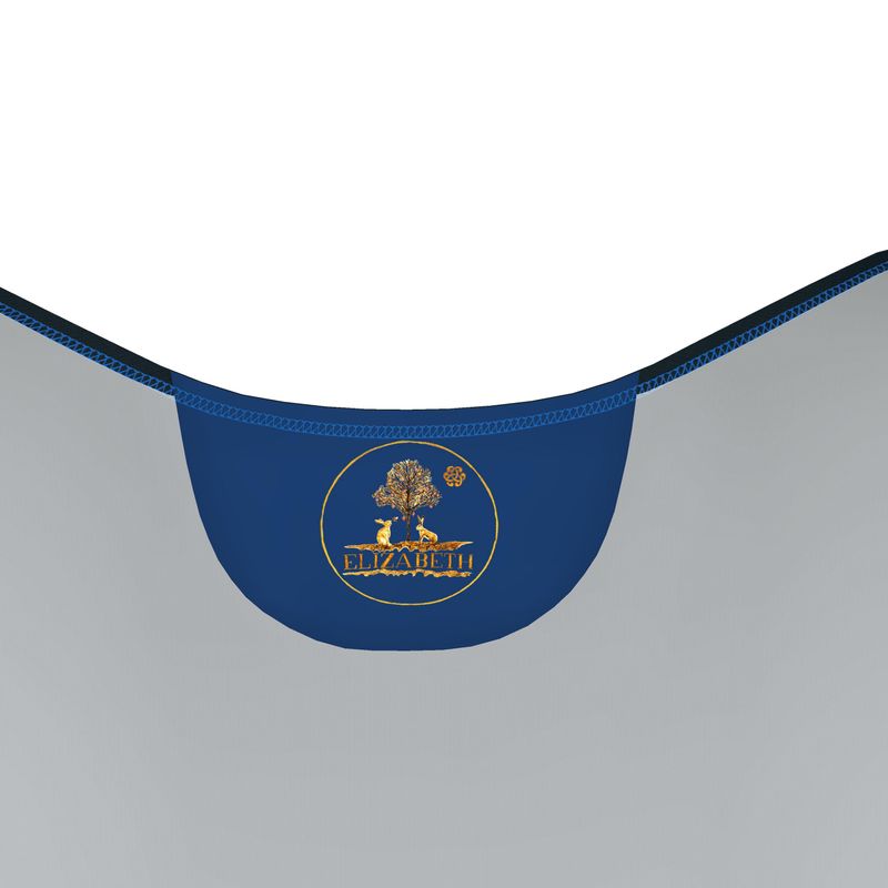 Dark blue dress label featuring a logo of elizabeth's boutique and text on a white background