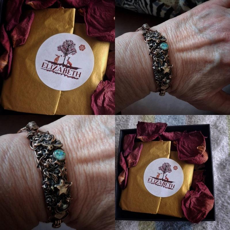 Collage of a bracelet on a wrist, a box with 'Elizabeth' branding, and a close-up of the bracelet.