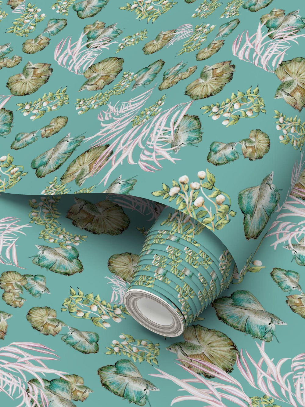 Roll of wallpaper with underwater-themed design on a teal background