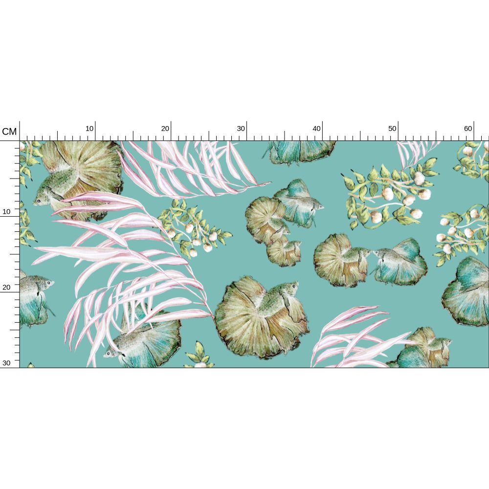 close up of wallpaper with tropical leaf pattern on a teal background, featuring a ruler for scale.