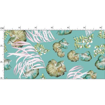 close up of wallpaper with tropical leaf pattern on a teal background, featuring a ruler for scale.