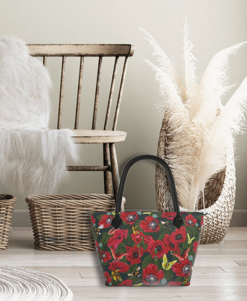 Poppy Wildlife Garden Bees Leather Handbag