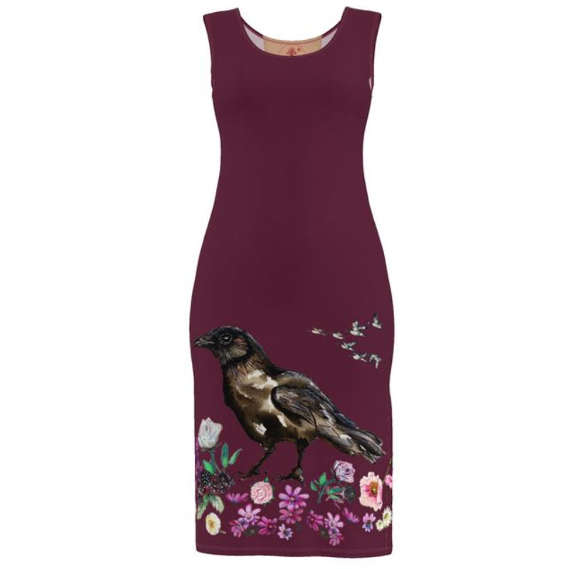 Maroon dress with a raven and floral design on a white background Ravenslore Elizabeth Shewan artist summer dress 2026