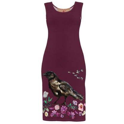 Maroon dress with a raven and floral design on a white background Ravenslore Elizabeth Shewan artist summer dress 2026