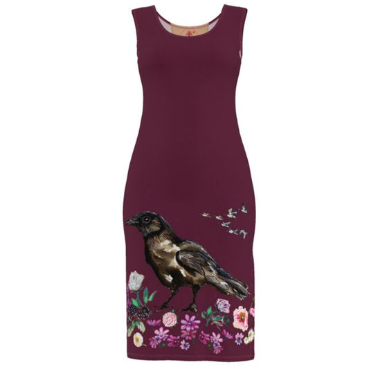 Maroon dress with a raven and floral design on a white background Ravenslore Elizabeth Shewan artist summer dress 2026