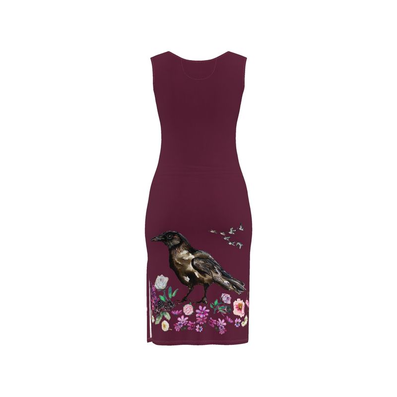 Maroon dress with a crow corvid bird and floral design on a white background  Ravenslore Elizabeth Shewan artist summer dress 2026