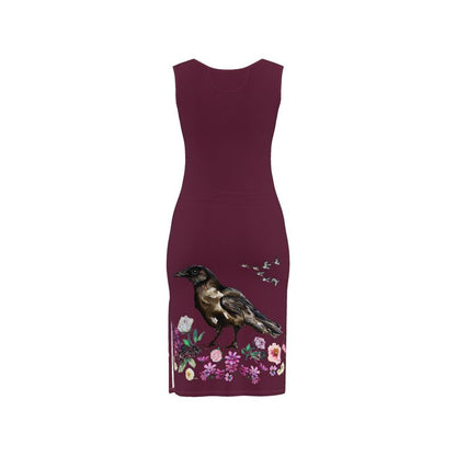 Maroon dress with a crow corvid bird and floral design on a white background  Ravenslore Elizabeth Shewan artist summer dress 2026