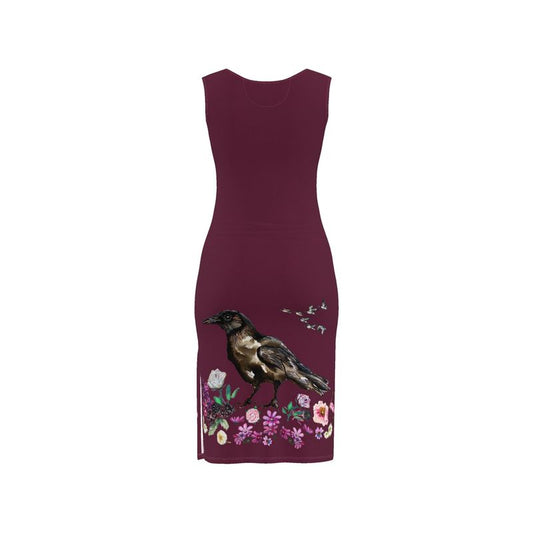 Maroon dress with a crow corvid bird and floral design on a white background  Ravenslore Elizabeth Shewan artist summer dress 2026