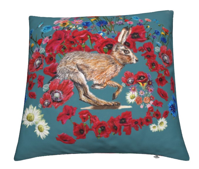 Running Hare Red Poppy Field Velvet Cushion