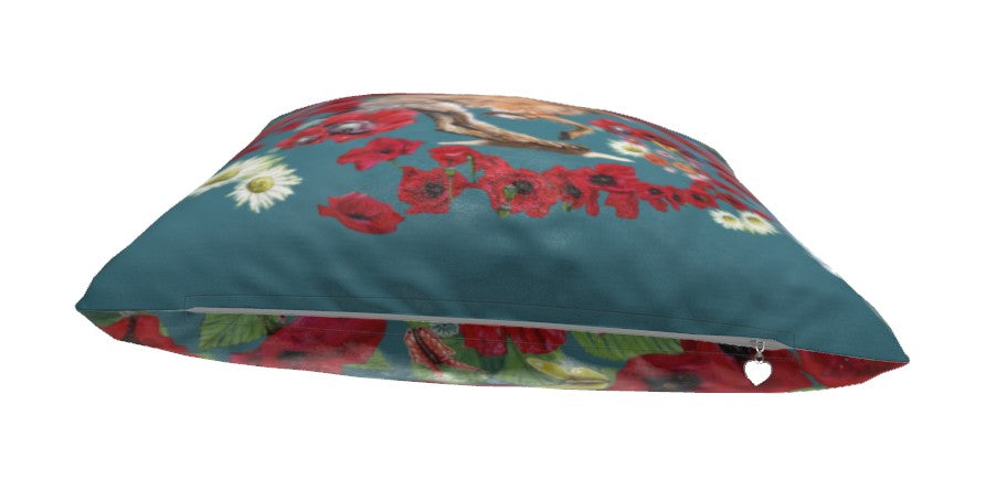Running Hare Red Poppy Field Velvet Cushion