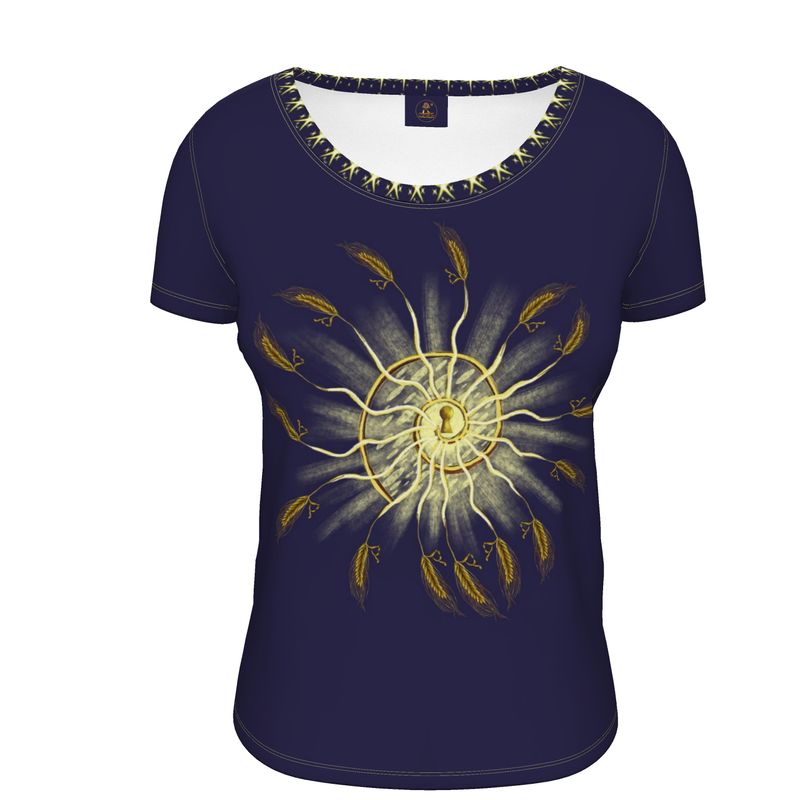 Navy blue t-shirt with a yellow spiral of wheat for the seeds of the second dawn swirl portal by Elizabeth Shewan artist Dorset England design on a white background