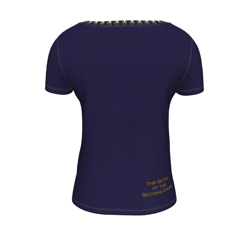 Navy blue t-shirt with yellow text sseds of the second dawn spiritual shirt design by artist Elizabeth Shewan on a white background