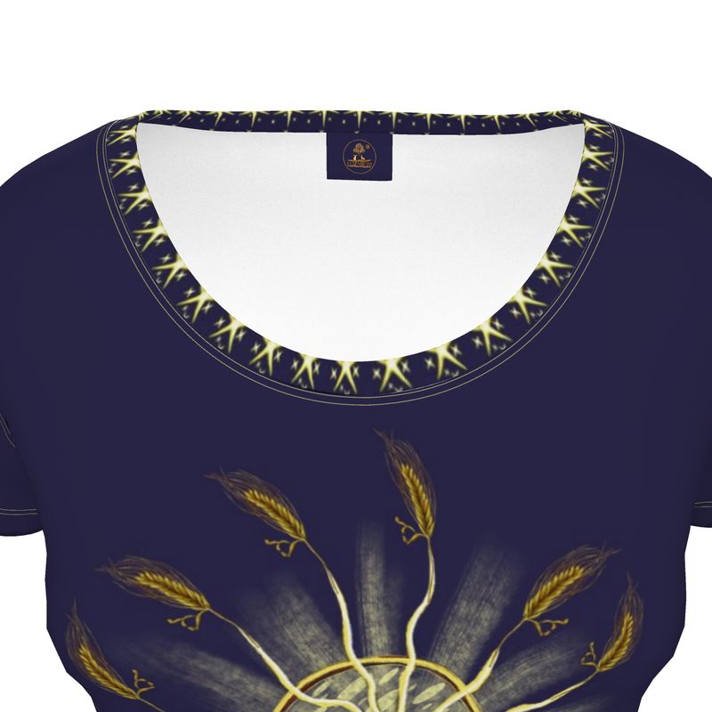 Navy blue shirt with gold print on a white background