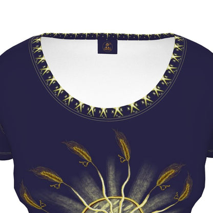 Navy blue shirt with gold print on a white background