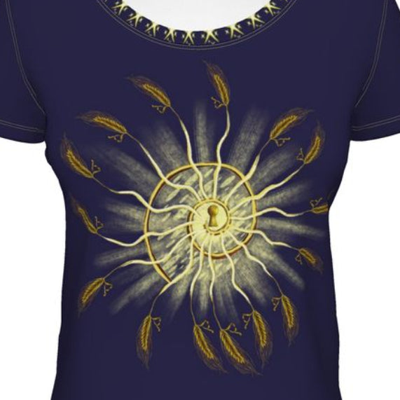 Navy blue t-shirt with a yellow circular design on a white background