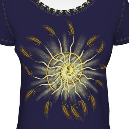 Navy blue t-shirt with a yellow circular design on a white background