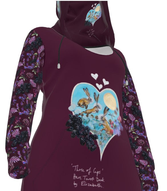 Three of Cups Hare Tarot Deck Hoodie Dress Deep Red