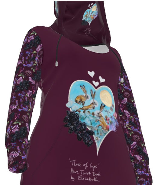 Three of Cups Hare Tarot Deck Hoodie Dress Deep Red
