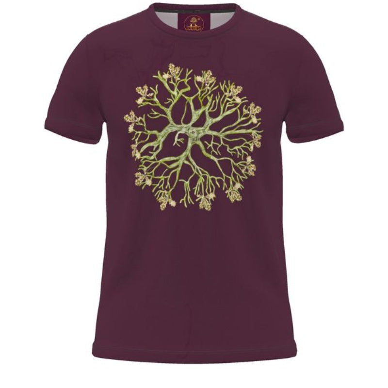 Maroon t-shirt with a green tree design on a white background