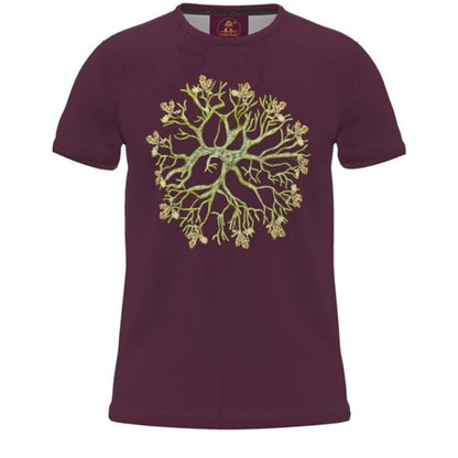 Maroon t-shirt with a green tree design on a white background