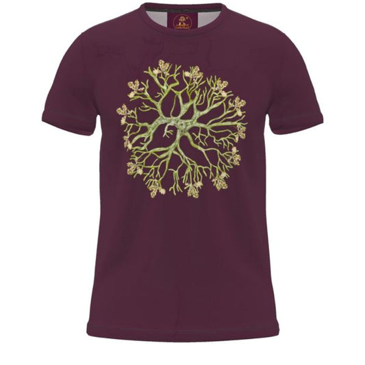 Maroon t-shirt with a green tree design on a white background