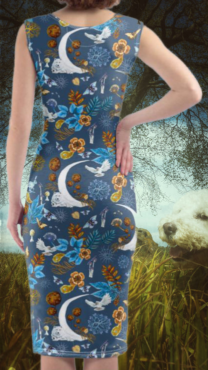 A women wearing a Wolf Wisdom Nature Bodycon Dress from Elizabeth's Boutique Designer Dress for Nature Lovers