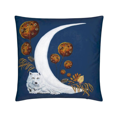 Wolf Wisdom Crescent Moon Velvet Cushion front Elizabeth Shewan Artist Boutique