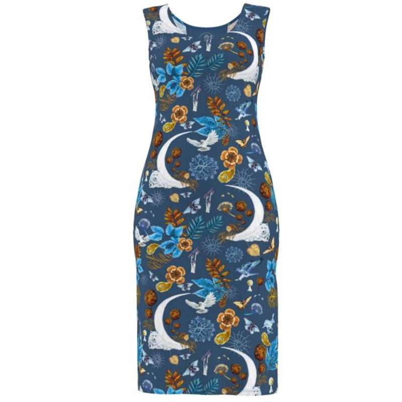 Blue dress with floral and moon pattern on a white background Wolf Wisdom Nature Bodycon Dress Elizabeth Shewan