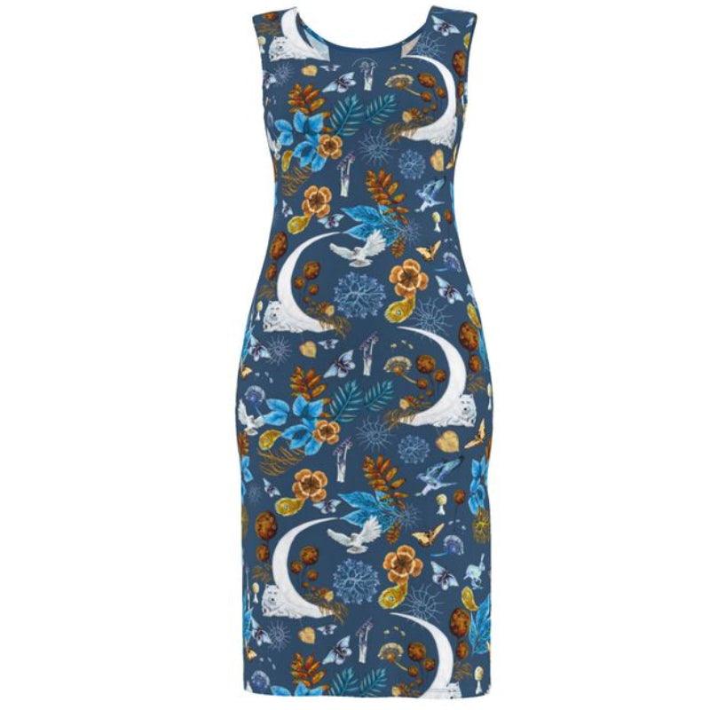 Blue dress with floral and moon pattern on a white background Wolf Wisdom Nature Bodycon Dress Elizabeth Shewan