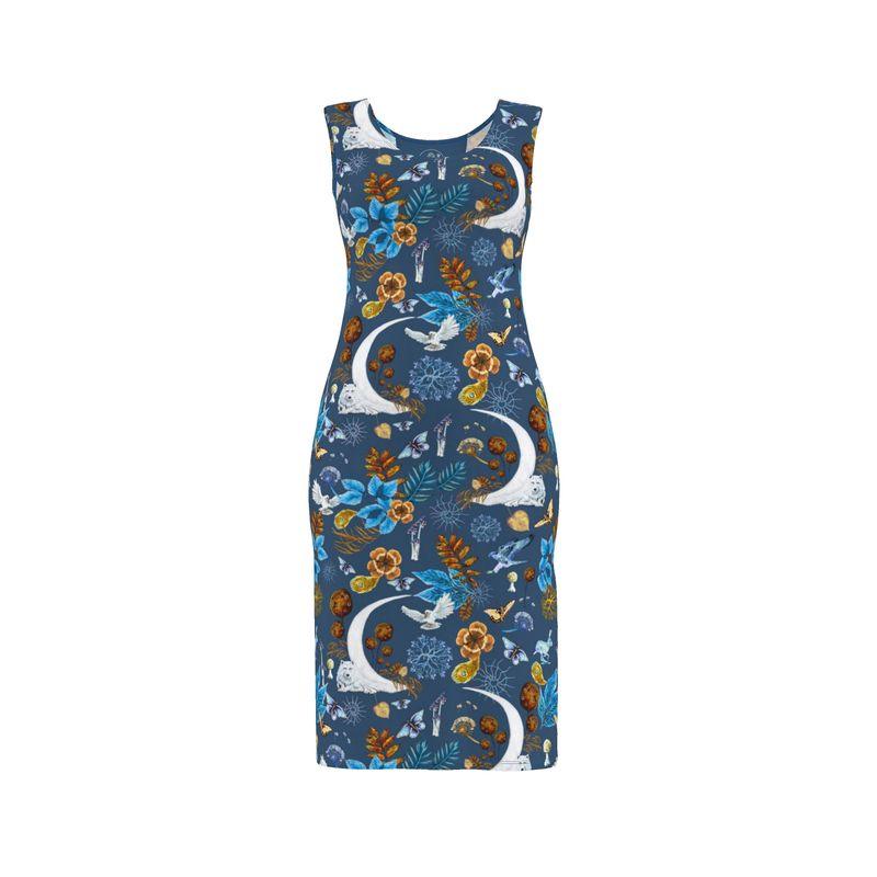 Blue dress with floral and bird pattern on a white background Wolf Wisdom Nature Bodycon Dress Elizabeth Shewan
